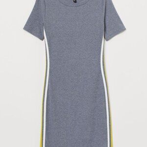 Grey T-Shirt Dress w/ Yellow/White Stripe on Side